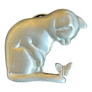 Vintage Cat And Butterfly Silver Tone Pewter Pin Jewelry Whimsical Figural